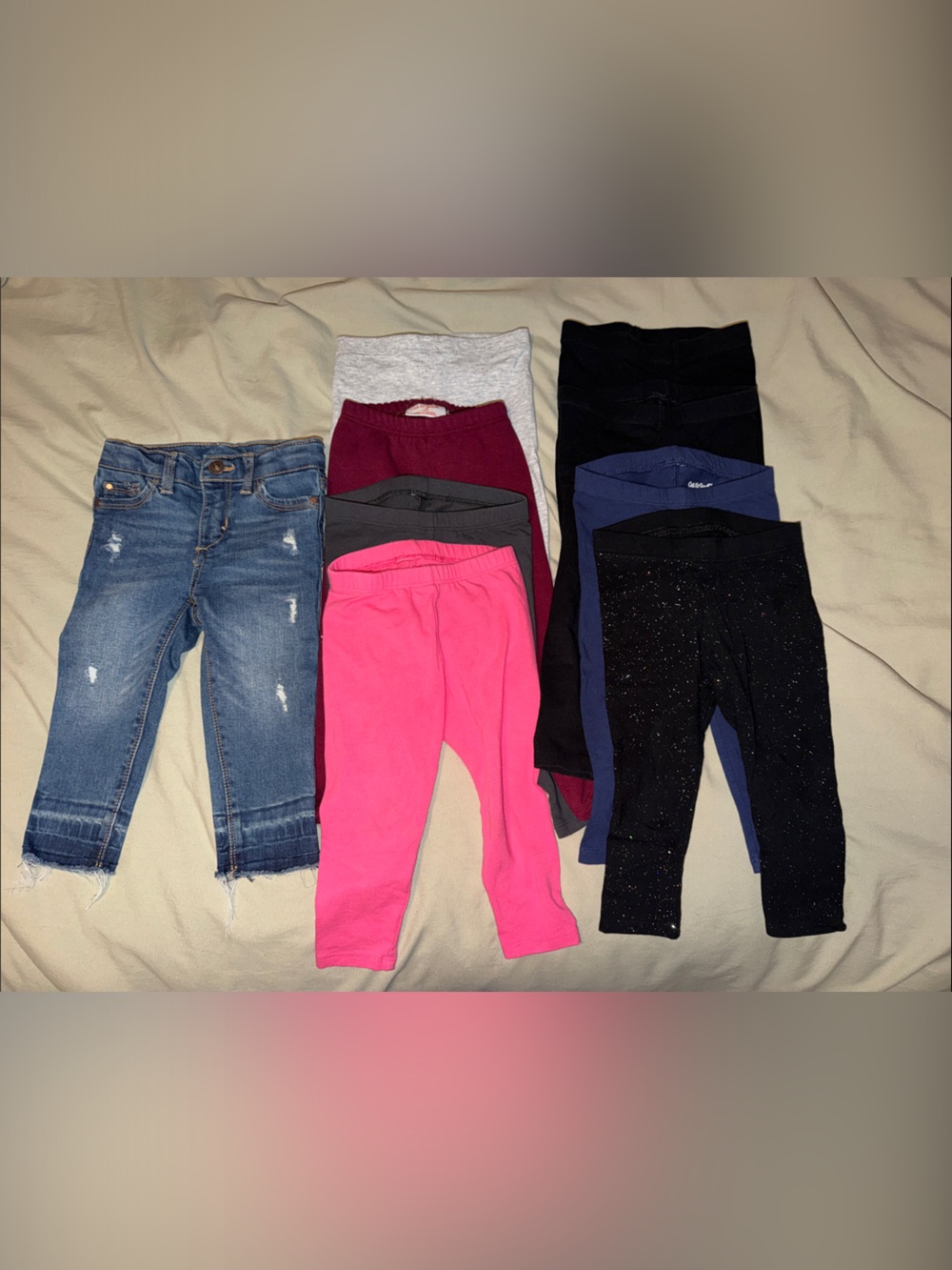 Lot of 8 pairs of leggings and one pair of jeans size 18 months!